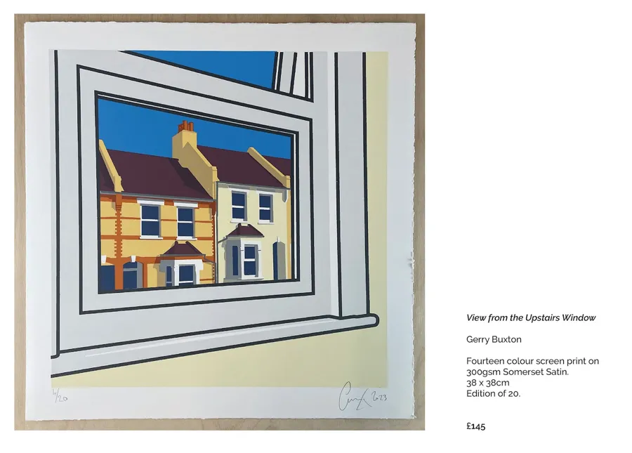 Screenprint of a view through a window to a row of terraced houses