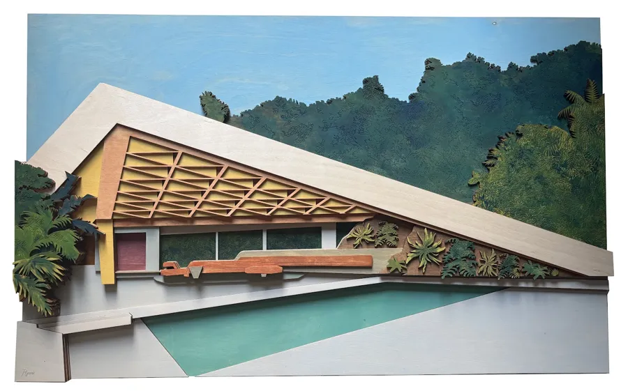 Wall relief of a modernist house with an angled roof beside a pool and trees