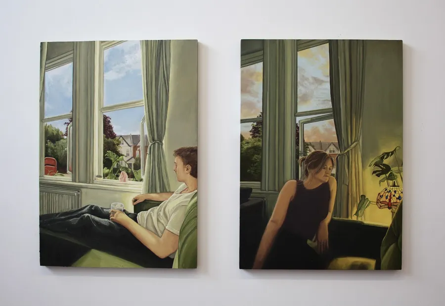 Two paintings of a woman sitting by a tall window