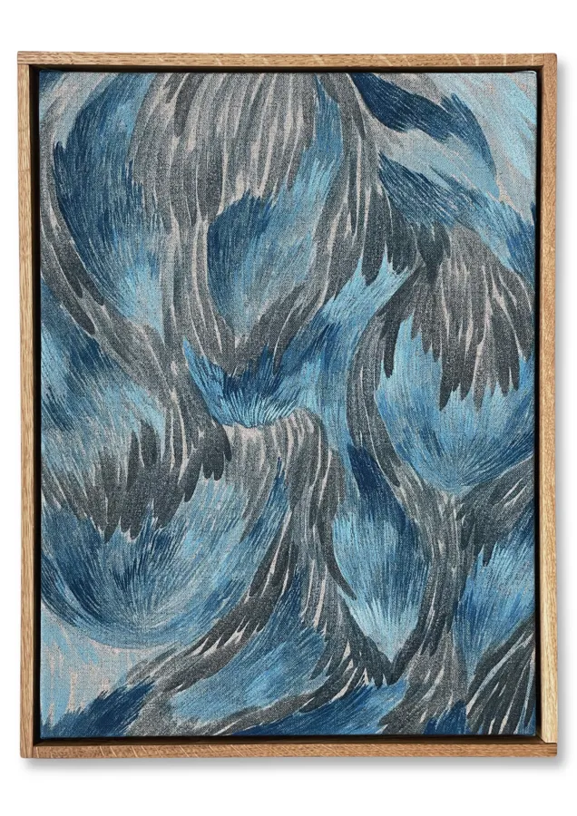 Abstract painting of blue and grey brushstrokes in a wooden frame