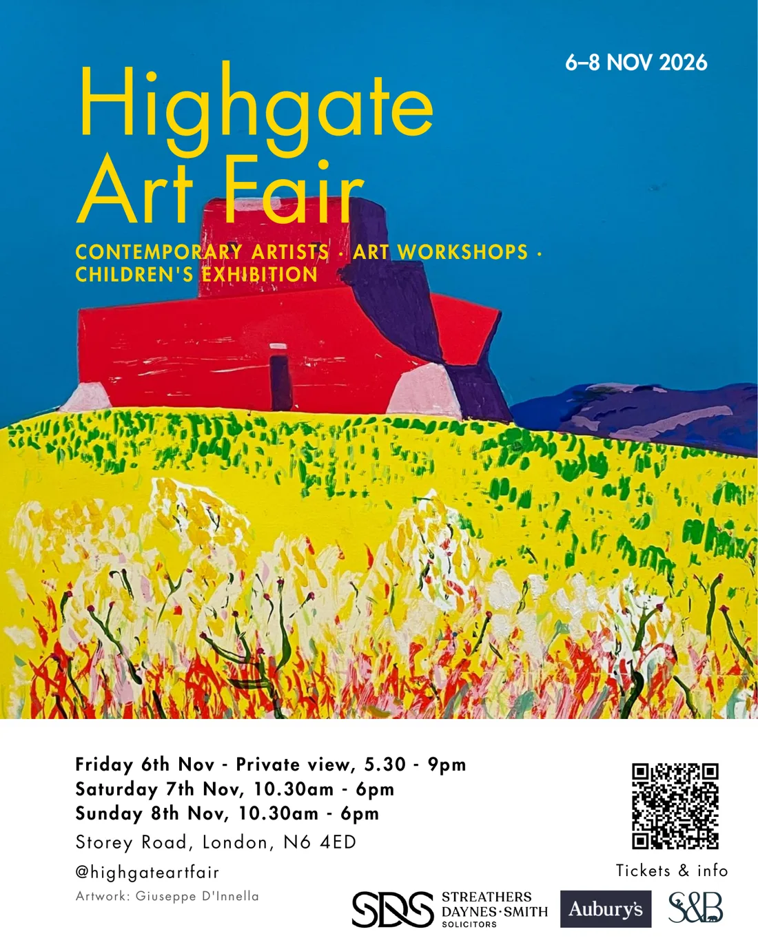 Highgate Art Fair 2026 poster: a red building on a blue sky over a yellow field, with the dates 6 to 8 November and the session times